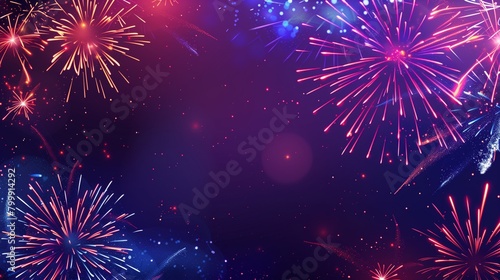 Vibrant fireworks display in purple and blue night sky with festive sparkling lights.