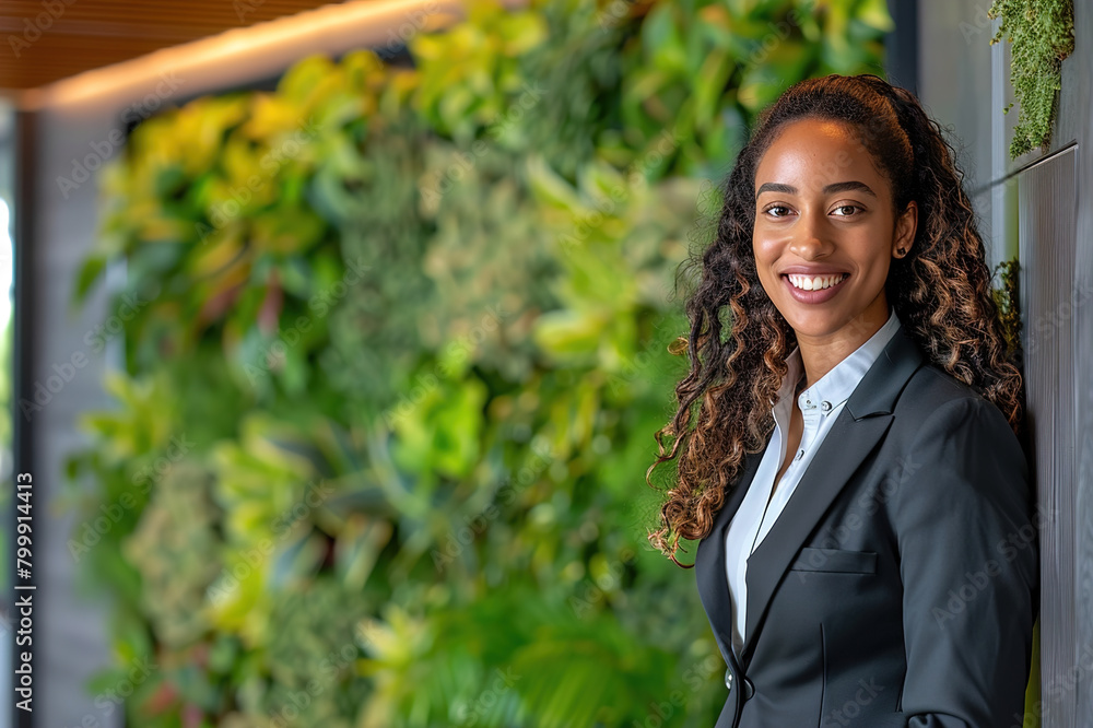 Woman, employee business portrait in a green office, environment, sustainability and nature.