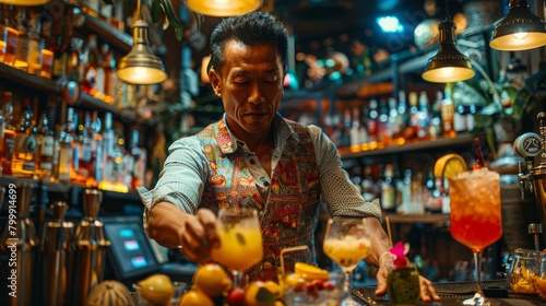 Bartender mixing cocktails at an international-themed hotel bar, creating a vibrant and welcoming atmosphere.