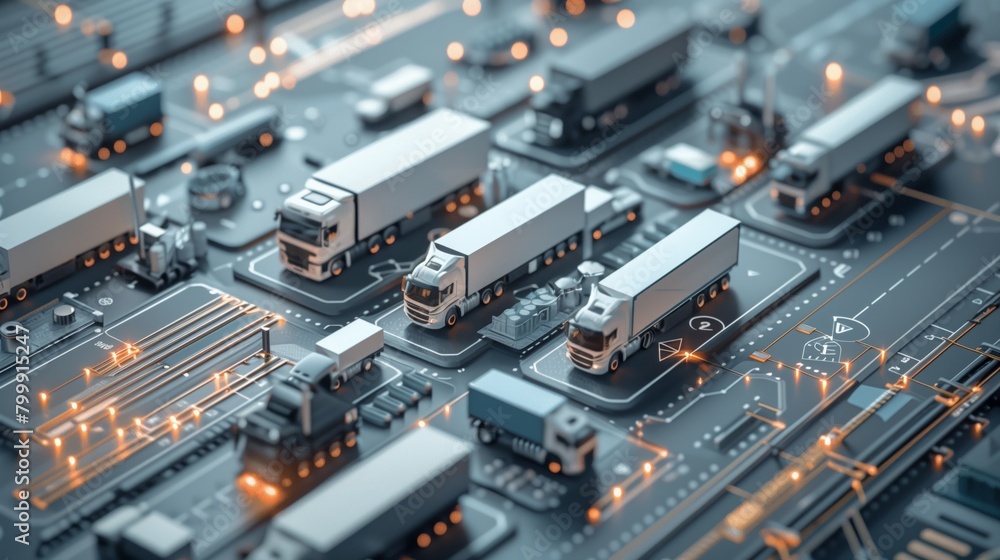 Futuristic depiction of a logistics hub integrated with advanced technology, featuring multiple trucks and illuminated data paths. Futuristic depiction of a logistics hub integrated with advanced technology, featuring multiple trucks and illuminated data paths.