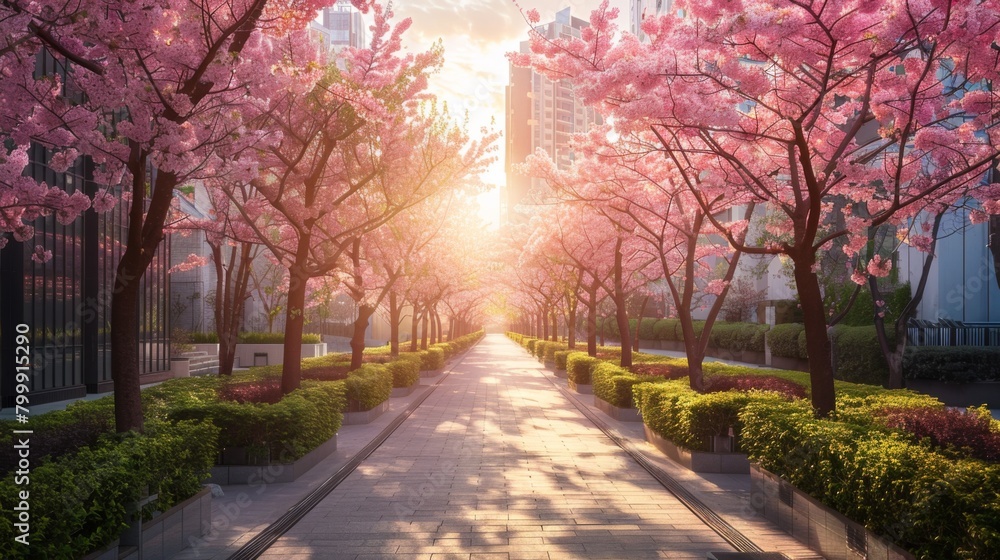 A beautiful street with cherry blossom trees in full bloom