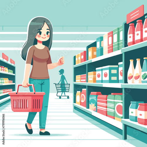 illustration of a woman shopping with a basket in a grocery store