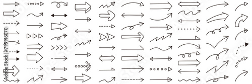 シンプルな矢印アイコンセット。ベクター、イラスト、手書き、線、上下、左右