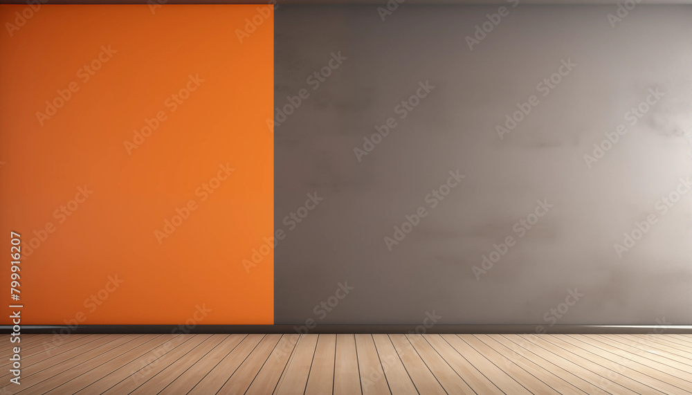 Bright contrasting interior with orange and gray walls and wooden floor Bright contrasting interior with orange and gray walls and wooden floor