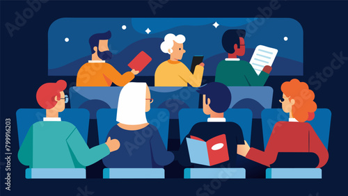 The judges a panel of industry professionals take notes while watching the films and share their thoughts with the audience after each screening.. Vector illustration