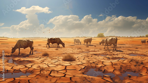 cows in a dry field looking for water  global warming 