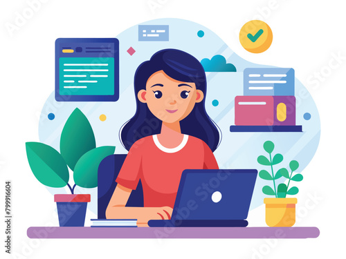 Woman programming. Organized workflow with modern technology, Efficient office setup vector cartoon illustration.