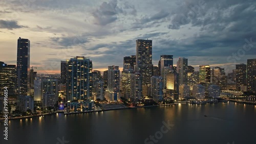 Wallpaper Mural Establishing aerial panoramic view of Miami Brickell downtown skyline Aerial cinematic view of Miami modern skyscraper, hotels and residential buildings on a beautiful sunset. Miami Florida in 4K  Torontodigital.ca