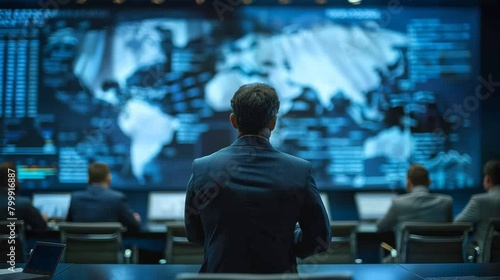 A group of people are looking at a large screen with a map of the world on it. One man is pointing at a specific area on the map