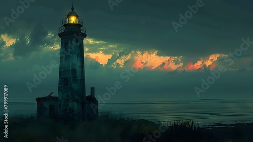 A lone white lighthouse, beacon of safety against the night sky, stands guard on a rocky coast