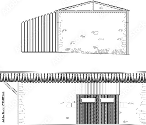 Illustration sketch vector illustration design drawing of classic vintage haunted unkempt warehouse