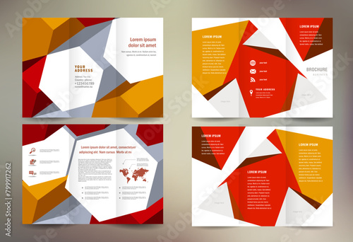 Set Tri-fold brochure design template polygonal tri-fold abstract dimensional 3d