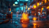 A chemical reaction in progress within a flask, producing colorful compounds