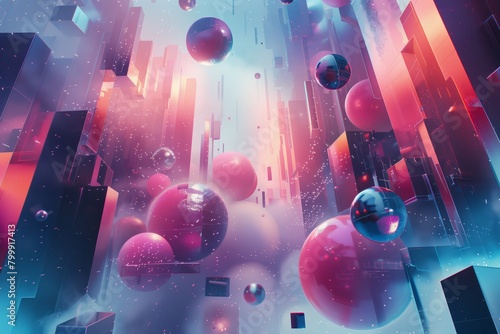 Futuristic cityscape with floating spheres in vivid colors