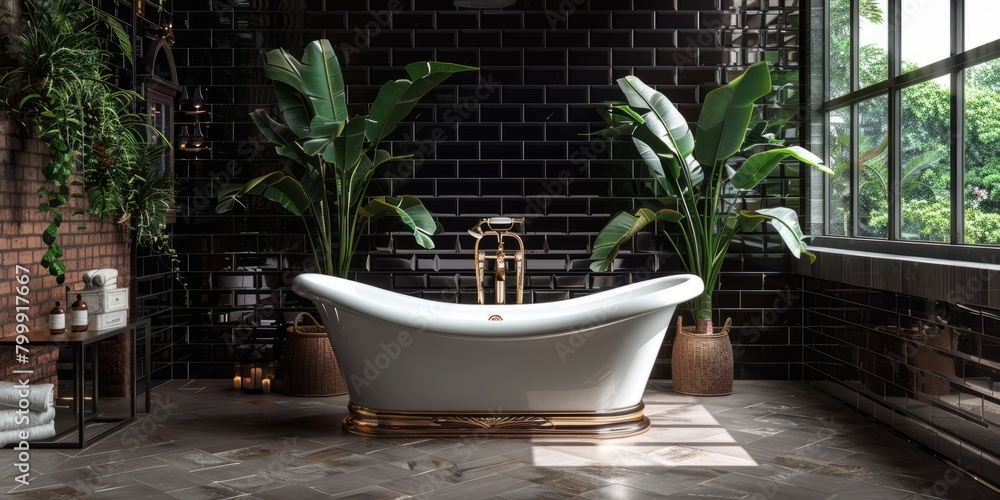 Bath against black tiles