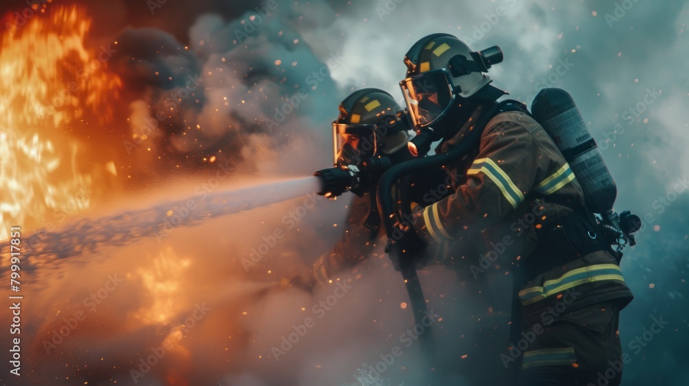 Close-up action of two firefighters spraying water with high pressure nozzles to shoot surrounded by smoke with flames.