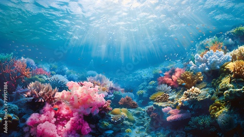 A rarely visited coral reef  the marine life bright and colorful against the ocean s clean background.