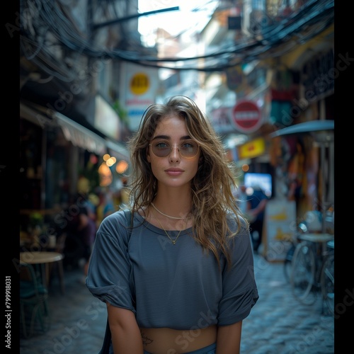 Chic influencer exploring Turkish street food market, donning casual attire with light brown hair and stylish dark glasses, photographed with the Sony A7 III's signature style.