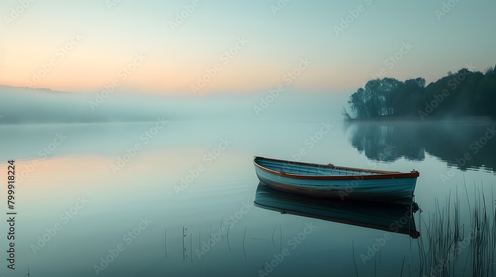 A quiet, serene lake at dawn with a single boat