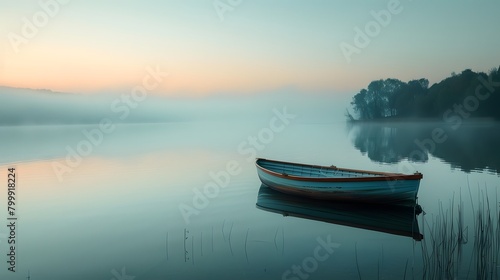 A quiet, serene lake at dawn with a single boat © JennyJane