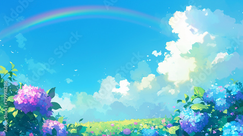 紫陽花と青空に虹がかかる風景　Generative AI