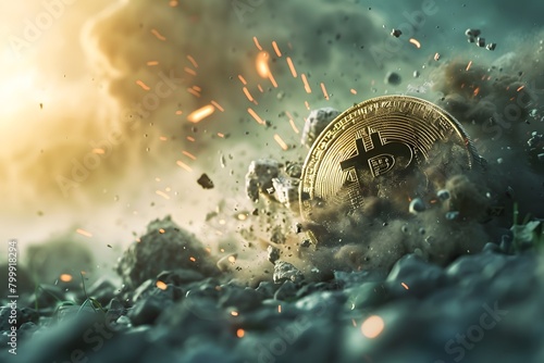 A Bitcoin coin in a violent crash, surrounded by debris and dust, metaphorically representing a sudden market crash in cryptocurrency