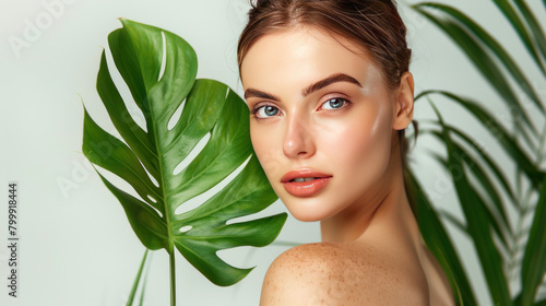 A young woman with healthy  clean skin poses in a studio with a green leaf near her face and body. This image represents the concept of skin care and beauty treatments.