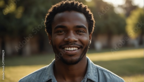 black african guy smiling looking at camera portrait with outdoor morning background from Generative AI © SevenThreeSky
