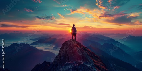 Silhouette of a man on top of a mountain peak. © Coosh448