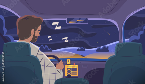 Asleep driver. Somnolence driving, sleepy doze guy riding car on late night city road, drowsy tired drunk driver traffic way, fatigue chauffeur danger accident vector illustration