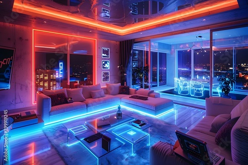 Futuristic and Cozy Smart Home with Vibrant Neon Lighting and City Skyline View