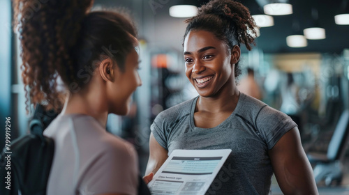 At the gym, a cheerful client chats with a trainer while signing up for a membership. The trainer explains the workout plan and progress, helping the client achieve their fitness goals.