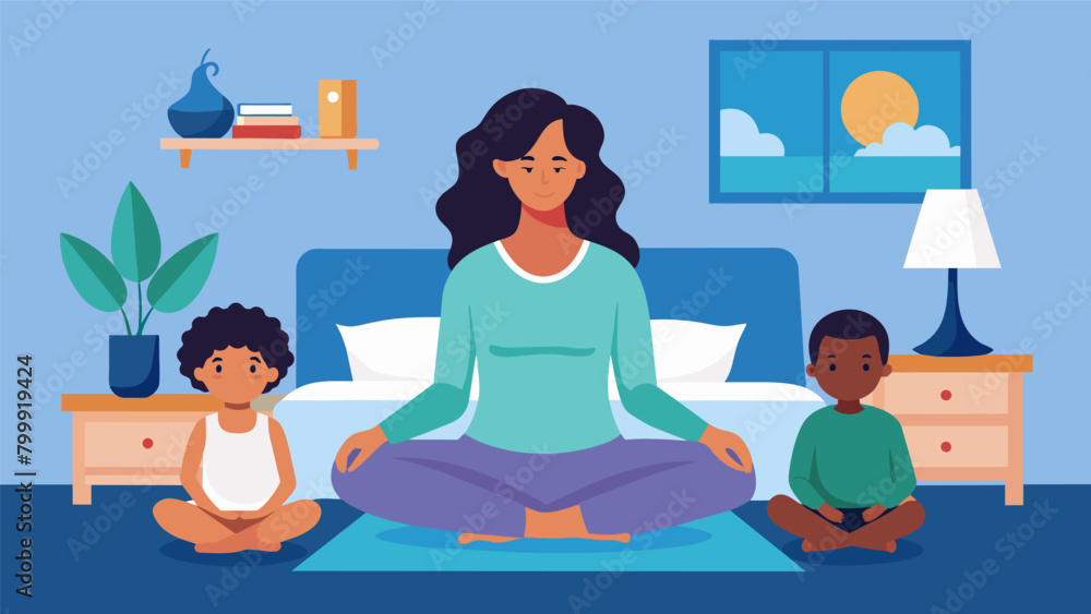 Fototapeta premium A mother sits on the edge of her bed taking a few minutes to meditate and recharge before starting her busy day with her family..