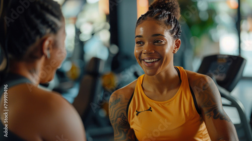 At the gym, a cheerful client chats with a trainer while signing up for a membership. The trainer explains the workout plan and progress, helping the client achieve their fitness goals.