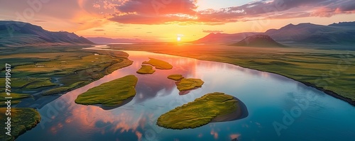 Aerial view of a beautiful mountain landscape with river at sunset, Kirkjubaejarklaustur, Southern region, Iceland. photo