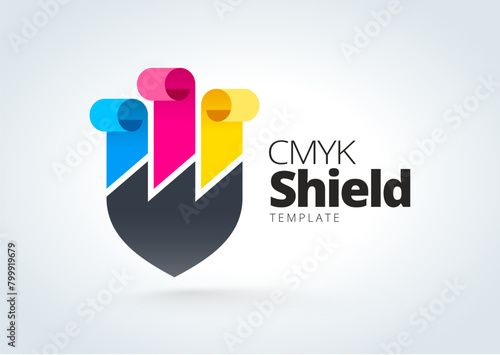 Logo Shield and Roll Paper CMYK color Printing theme. Template design vector. White background.