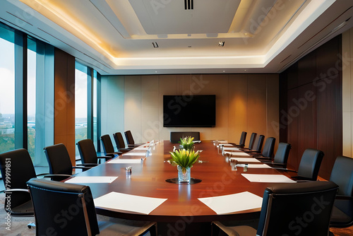 High level meeting of excutive room is decorated with stylish table and chairs around. Conference room is ready for next level of executive meeting photo