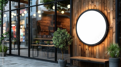 Blank round signage mockup on the wooden wall of a modern cafe with glass windows and potted plants outside.