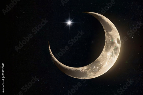 Detailed Crescent Moon in the night sky. Crescent Moon on black background with space for Ramadan theme