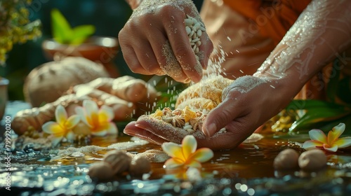 Close-up of a Thai massage therapist applying herbal compresses to a client's body, promoting relaxation and natural healing. photo