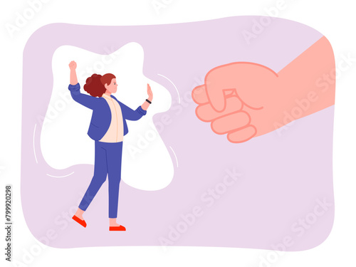Man fist violence. Abused woman fight against home abusing of aggressive husband threatening hand, domesticate harassment victim protect female gender stop vector illustration
