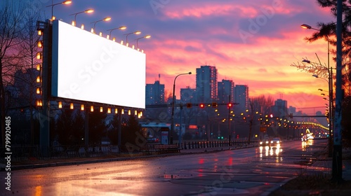 Blank billboard at sunset in the city. photo
