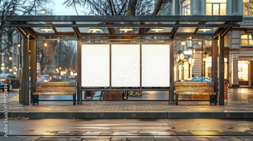 Blank billboard at a bus stop in the rain at night. photo