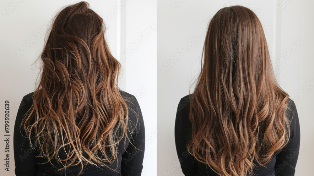 Before and after: Hair extensions give women thicker, longer hair with beautiful volume. Before and after: Hair extensions give women thicker, longer hair with beautiful volume.