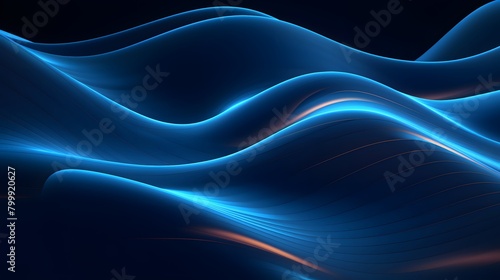  3d render, abstract minimal neon background with glowing wavy line. Dark wall illuminated with led lamps. Blue futuristic wallpaper