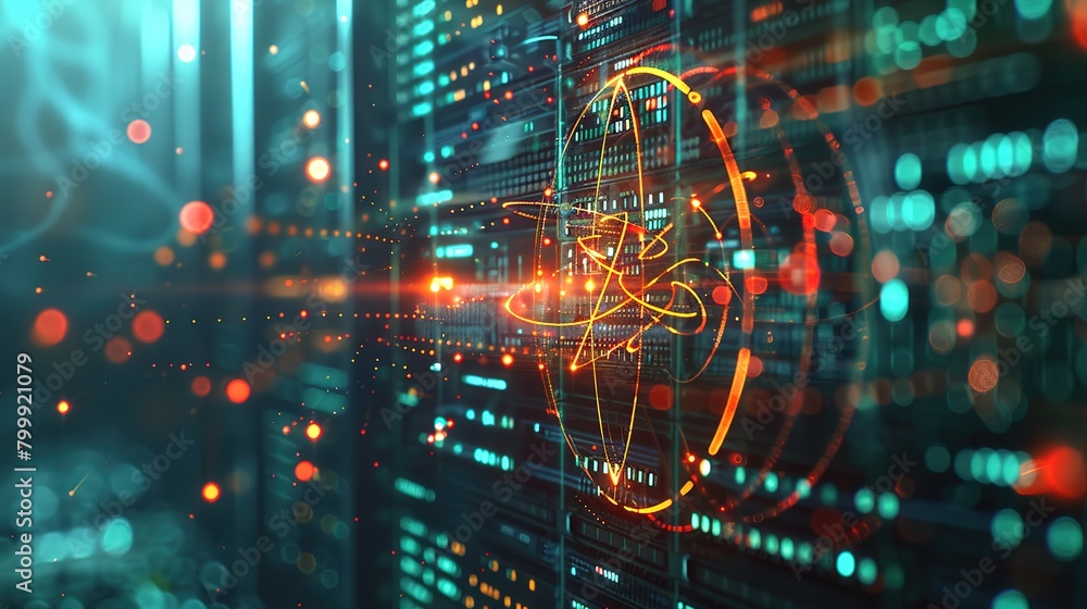 High tech server visualization, displaying particle data streams, circular computing interfaces, and virtual reality environments High tech server visualization, displaying particle data streams, circular computing interfaces, and virtual reality environments