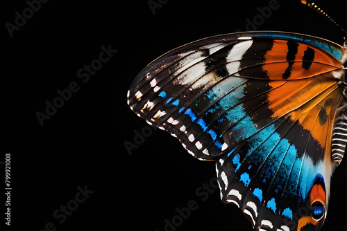 a close up of a butterfly wing with blue and orange colors on it's wings and a black background photo