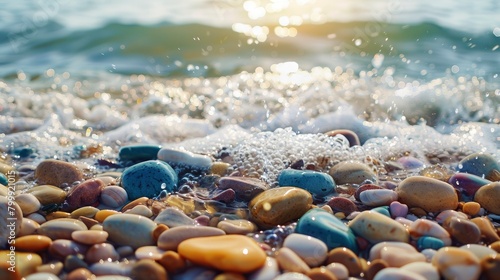 Colorful pebbles on the beach with sparkling water on sunny day