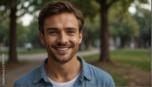 caucasian guy smiling looking at camera portrait with outdoor morning background from Generative AI photo