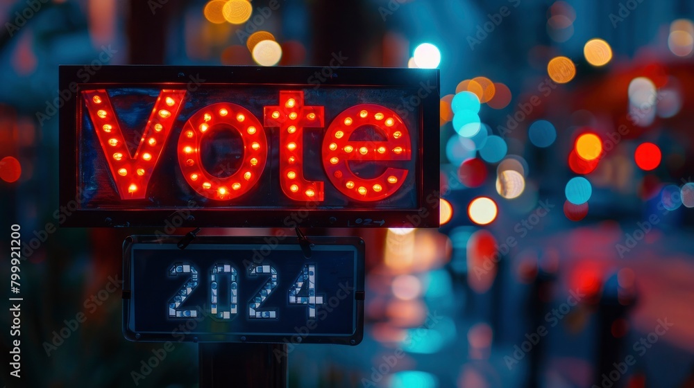 Text Vote 2024 with glowing red and blue lights, blurred background
